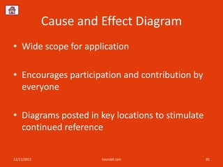 Cause and Effect Diagram
• Wide scope for application

• Encourages participation and contribution by
  everyone

• Diagrams posted in key locations to stimulate
  continued reference


12/11/2012             Sourabh Jain               85
 