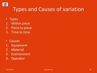 Types and Causes of variation
• Types
1. Within piece
2. Piece to piece
3. Time to time

• Causes
1. Equipment
2. Material
3. Environment
4. Operator

12/11/2012           Sourabh Jain        90
 