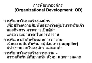 การพัฒนาองค์กร  ( Organizational Development: OD) การพัฒนาโครงสร้างองค์กร   -   เพื่อสร้างความสัมพันธ์ระหว่างผู้บริหารหรือเจ้าของกิจการ ภาวะการเป็นผู้นำ และความสามารถในการทำงาน การพัฒนาลำดับขั้นตอนการทำงาน -  เน้นความสัมพันธ์ของผู้ส่งมอบ  (supplier)  ผู้ทำงานภายในองค์กร และลูกค้า การพัฒนาโครงสร้างการตลาด   -  ความสัมพันธ์กับภาครัฐ สังคม และการตลาด 