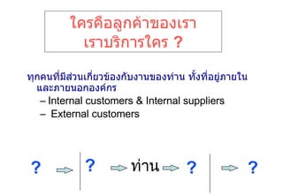 ใครคือลูกค้าของเรา เราบริการใคร  ? ทุกคนที่มีส่วนเกี่ยวข้องกับงานของท่าน ทั้งที่อยู่ภายใน และภายนอกองค์กร Internal customers & Internal suppliers External customers ท่าน ? ? ? ? 