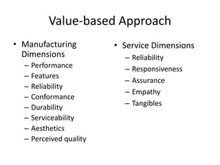 Value-based Approach
• Manufacturing
Dimensions
– Performance
– Features
– Reliability
– Conformance
– Durability
– Serviceability
– Aesthetics
– Perceived quality
• Service Dimensions
– Reliability
– Responsiveness
– Assurance
– Empathy
– Tangibles
 