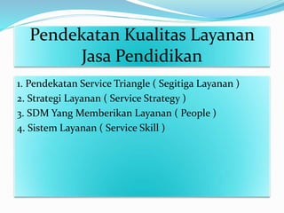 Pendekatan Kualitas Layanan
Jasa Pendidikan
1. Pendekatan Service Triangle ( Segitiga Layanan )
2. Strategi Layanan ( Service Strategy )
3. SDM Yang Memberikan Layanan ( People )
4. Sistem Layanan ( Service Skill )
 