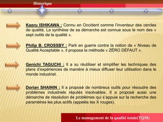 Historique
Le management de la qualité totale(TQM)
Kaoru ISHIKAWA : Connu en Occident comme l’inventeur des cercles
de qualité, La synthèse de sa démarche est connue sous le nom des «
sept outils de la qualité ».
Philip B. CROSSBY : Parti en guerre contre la notion de « Niveau de
Qualité Acceptable », il proposa la méthode « ZÉRO DÉFAUT ».
Genichi TAGUCHI : Il a su réutiliser et simplifier les techniques des
plans d’expériences de manière à mieux diffuser leur utilisation dans le
monde industriel.
Dorian SHAININ : Il a proposé de nombreux outils pour résoudre des
problèmes industriels réputés insolvables. Il a proposé aussi une
démarche de résolution de problèmes qui s’appuie sur la recherche des
paramètres les plus actifs (appelés les X rouges).
 