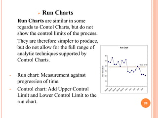  Run Charts
Run Charts are similar in some
regards to Contol Charts, but do not
show the control limits of the process.
They are therefore simpler to produce,
but do not allow for the full range of
analytic techniques supported by
Control Charts.
• Run chart: Measurement against
progression of time.
• Control chart: Add Upper Control
Limit and Lower Control Limit to the
run chart. 26
 