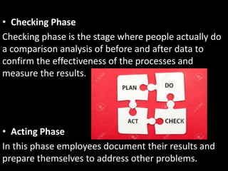 • Checking Phase
Checking phase is the stage where people actually do
a comparison analysis of before and after data to
confirm the effectiveness of the processes and
measure the results.
• Acting Phase
In this phase employees document their results and
prepare themselves to address other problems.
 
