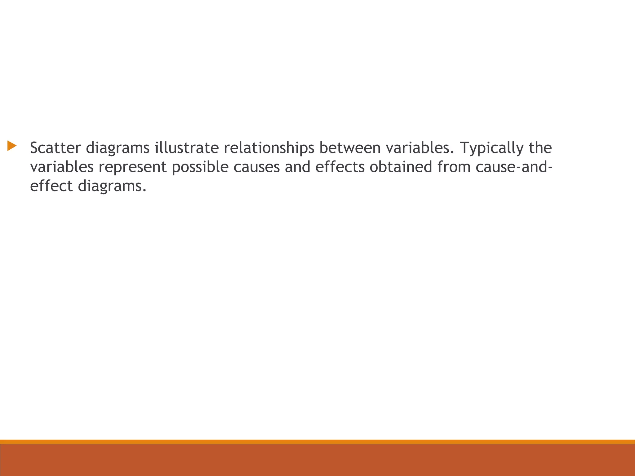  Scatter diagrams illustrate relationships between variables. Typically the
variables represent possible causes and effects obtained from cause-and-
effect diagrams.
 