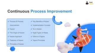 Continuous Process Improvement
Process & Process
Improvement
Kaizen
The Origin of Kaizen
Kaizen Approach
Features of Kaizen
Principles of Kaizen
Key Benefits of Kaizen
Implementation Concept
5s in Kaizen
Eight Types of Waste
What is 6 Sigma
Sigma Principles
 