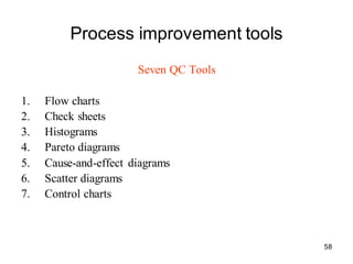 58
Process improvement tools
Seven QC Tools
1. Flow charts
2. Check sheets
3. Histograms
4. Pareto diagrams
5. Cause-and-effect diagrams
6. Scatter diagrams
7. Control charts
 