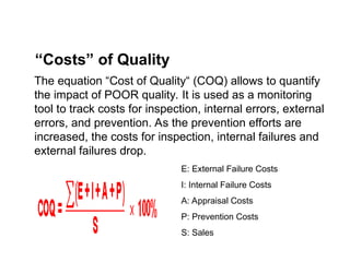 The equation “Cost of Quality“ (COQ) allows to quantify
the impact of POOR quality. It is used as a monitoring
tool to track costs for inspection, internal errors, external
errors, and prevention. As the prevention efforts are
increased, the costs for inspection, internal failures and
external failures drop.
“Costs” of Quality
E: External Failure Costs
I: Internal Failure Costs
A: Appraisal Costs
P: Prevention Costs
S: Sales
 