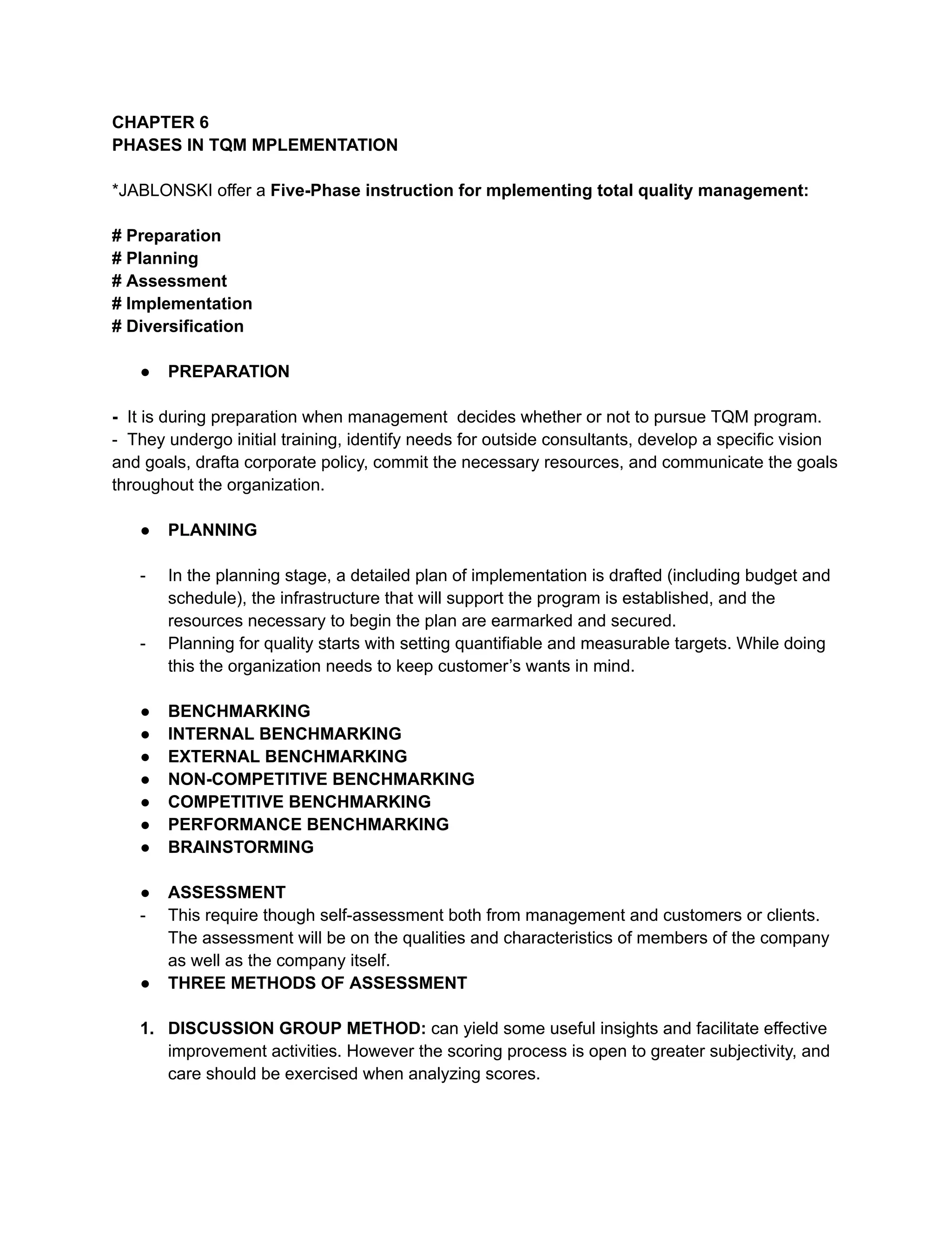 TOTAK QUALITY MANAGEMENT CHAPTER 6 PHASE | PDF