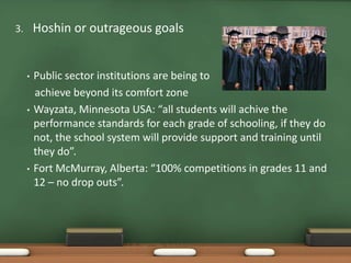 3.       Hoshin or outrageous goals


     •   Public sector institutions are being to
         achieve beyond its comfort zone
     •   Wayzata, Minnesota USA: “all students will achive the
         performance standards for each grade of schooling, if they do
         not, the school system will provide support and training until
         they do”.
     •   Fort McMurray, Alberta: “100% competitions in grades 11 and
         12 – no drop outs”.
 