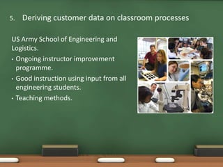 5.   Deriving customer data on classroom processes

US Army School of Engineering and
Logistics.
• Ongoing instructor improvement
  programme.
• Good instruction using input from all
  engineering students.
• Teaching methods.
 