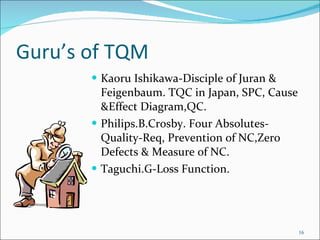 Guru’s of TQM Kaoru Ishikawa-Disciple of Juran & Feigenbaum. TQC in Japan, SPC, Cause &Effect Diagram,QC. Philips.B.Crosby. Four Absolutes-Quality-Req, Prevention of NC,Zero Defects & Measure of NC. Taguchi.G-Loss Function. 