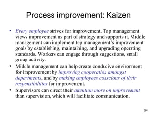 54
Process improvement: Kaizen
• Every employee strives for improvement. Top management
views improvement as part of strategy and supports it. Middle
management can implement top management’s improvement
goals by establishing, maintaining, and upgrading operating
standards. Workers can engage through suggestions, small
group activity.
• Middle management can help create conducive environment
for improvement by improving cooperation amongst
departments, and by making employees conscious of their
responsibilities for improvement.
• Supervisors can direct their attention more on improvement
than supervision, which will facilitate communication.
 