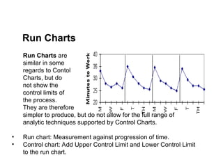 Run Charts are
similar in some
regards to Contol
Charts, but do
not show the
control limits of
the process.
They are therefore
simpler to produce, but do not allow for the full range of
analytic techniques supported by Control Charts.
• Run chart: Measurement against progression of time.
• Control chart: Add Upper Control Limit and Lower Control Limit
to the run chart.
Run Charts
 