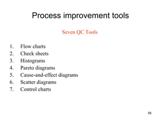 58
Process improvement tools
Seven QC Tools
1. Flow charts
2. Check sheets
3. Histograms
4. Pareto diagrams
5. Cause-and-effect diagrams
6. Scatter diagrams
7. Control charts
 