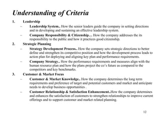Understanding of Criteria Leadership Leadership System..  How the senior leaders guide the company in setting directions and in developing and sustaining an effective leadership system. Company Responsibility & Citizenship…  How the company addresses the its responsibility to the public and how it practices good citizenship. Strategic Planning Strategy Development Process..  How the company sets strategic directions to better define and strengthen its competitive position and how the development process leads to action plan for deploying and aligning key plan and performance requirements. Company Strategy..  How the performance requirements and measures align with the human resource plan and how the plans project the co’s future as compared to the competitors and key benchmarks. Customer & Market Focus Customer & Market Knowledge..  How the company determines the long term requirements and preference of target and potential customers and market and anticipate needs to develop business opportunities . Customer Relationship & Satisfaction Enhancement.. How the company determines and enhances the satisfaction of customers to strengthen relationships to improve current offerings and to support customer and market related planning. 