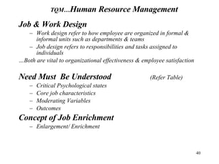 Job & Work Design Work design refer to how employee are organized in formal & informal units such as departments & teams Job design refers to responsibilities and tasks assigned to individuals … Both are vital to organizational effectiveness & employee satisfaction Need Must  Be Understood (Refer Table) Critical Psychological states Core job characteristics Moderating Variables Outcomes Concept of Job Enrichment Enlargement/ Enrichment TQM… Human Resource Management 