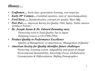 History… Craftsmen…  Early days, generations learning, own inspector. Early 20 th  Century… Unskilled repetitive, start of  interchangeability. Ford Story….   Standardization, concepts for quality, Mass Mfg. Post War…..  American Society for Quality 1944, Safety, Public interest ‘producer beware’ Dr. Joseph Juran & Dr. Edward Demming story Pioneering work in Total Quality, but in Japan Demming returns to US (1980-1993) Product Quality to Performance Excellence ‘ Quality of Management’ as important as ‘Management of Quality’ American Society for Quality identifies future challenges Partnering, Learning system, Adaptability and speed of change Environmental Sustainability, Knowledge Focus, Globalization Customization & Differentiation, Shifting Demographics 