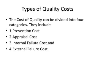Types of Quality Costs
• The Cost of Quality can be divided into four
categories. They include
• 1.Prevention Cost
• 2.Appraisal Cost
• 3.Internal Failure Cost and
• 4.External Failure Cost.
 