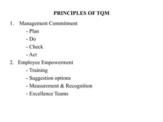 PRINCIPLES OF TQM
1. Management Commitment
- Plan
- Do
- Check
- Act
2. Employee Empowerment
- Training
- Suggestion options
- Measurement & Recognition
- Excellence Teams
 