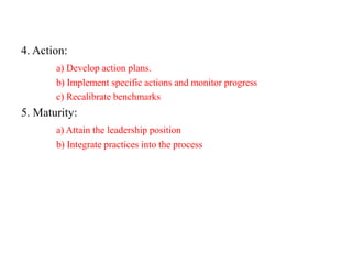 4. Action:
a) Develop action plans.
b) Implement specific actions and monitor progress
c) Recalibrate benchmarks
5. Maturity:
a) Attain the leadership position
b) Integrate practices into the process
 