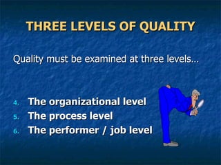 THREE LEVELS OF QUALITY Quality must be examined at three levels… The organizational level The process level The performer / job level 