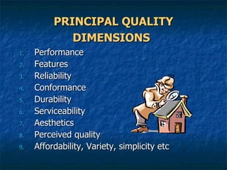 PRINCIPAL QUALITY DIMENSIONS   Performance Features Reliability Conformance Durability Serviceability Aesthetics Perceived quality Affordability, Variety, simplicity etc 