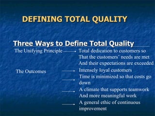 DEFINING TOTAL QUALITY   Three Ways to Define Total Quality  The Unifying Principle  Total dedication to customers so  That the customers’ needs are met  And their expectations are exceeded The Outcomes Intensely loyal customers Time is minimized so that costs go  down A climate that supports teamwork  And more meaningful work A general ethic of continuous  improvement 