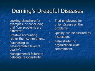 Deming’s Dreadful Diseases Looking elsewhere for examples, or concluding that “our problems are different”. Creative accounting rather than commitment. Purchasing to an”acceptable level of quality”. Management’s failure to delegate responsibility. That employees (or unions)cause all the problems. Quality can be assured by inspection. False starts: no organization-wide commitment.  