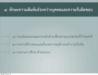 ๔. ทักษะความสัมพันธระหวางบุคคลและความรับผิดชอบ



                     ๑) ประเมินตนเองและประเมินดวยเพื่อนตามแบบฟอรมที่กำหนดให
                     ๒) รายงานที่นำเสนอและสังเกตจากพฤติกรรมทำงานเปนทีม
                     ๓) รายงานการศึกษาดวยตนเอง



Sunday, June 3, 12
 