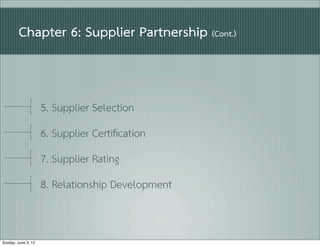 Chapter 6: Supplier Partnership (Cont.)


                     5. Supplier Selection
                     6. Supplier Certiﬁcation
                     7. Supplier Rating
                     8. Relationship Development


Sunday, June 3, 12
 