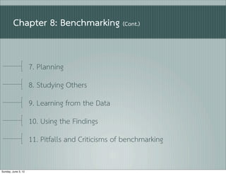 Chapter 8: Benchmarking (Cont.)


                     7. Planning
                     8. Studying Others
                     9. Learning from the Data
                     10. Using the Findings
                     11. Pitfalls and Criticisms of benchmarking

Sunday, June 3, 12
 