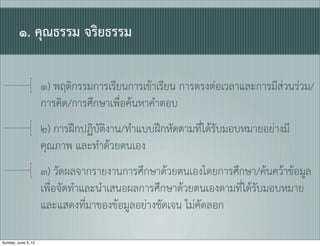 ๑. คุณธรรม จริยธรรม

                     ๑) พฤติกรรมการเรียนการเขาเรียน การตรงตอเวลาและการมีสวนรวม/
                     การคิด/การศึกษาเพื่อคนหาคำตอบ
                     ๒) การฝกปฏิบัติงาน/ทำแบบฝกหัดตามที่ไดรับมอบหมายอยางมี
                     คุณภาพ และทำดวยตนเอง
                     ๓) วัดผลจากรายงานการศึกษาดวยตนเองโดยการศึกษา/คนควาขอมูล
                     เพื่อจัดทำและนำเสนอผลการศึกษาดวยตนเองตามที่ไดรับมอบหมาย
                     และแสดงที่มาของขอมูลอยางชัดเจน ไมคัดลอก

Sunday, June 3, 12
 