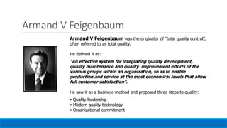 Armand V Feigenbaum
Armand V Feigenbaum was the originator of “total quality control”,
often referred to as total quality.
He defined it as:
“An effective system for integrating quality development,
quality maintenance and quality improvement efforts of the
various groups within an organization, so as to enable
production and service at the most economical levels that allow
full customer satisfaction”.
He saw it as a business method and proposed three steps to quality:
• Quality leadership
• Modern quality technology
• Organizational commitment
 