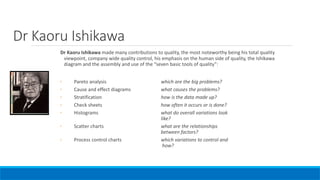 Dr Kaoru Ishikawa made many contributions to quality, the most noteworthy being his total quality
viewpoint, company wide quality control, his emphasis on the human side of quality, the Ishikawa
diagram and the assembly and use of the “seven basic tools of quality”:
◦ Pareto analysis which are the big problems?
◦ Cause and effect diagrams what causes the problems?
◦ Stratification how is the data made up?
◦ Check sheets how often it occurs or is done?
◦ Histograms what do overall variations look
like?
◦ Scatter charts what are the relationships
between factors?
◦ Process control charts which variations to control and
how?
Dr Kaoru Ishikawa
 