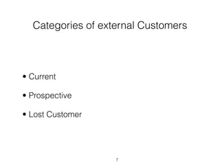 Categories of external Customers



• Current

• Prospective

• Lost Customer




                   7
 