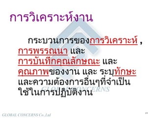 การวิเคราะห์งาน กระบวนการของ การวิเคราะห์   ,  การพรรณนา  และ  การบันทึกคุณลักษณะ  และ   คุณภาพ ของงาน และ ระบุ ทักษะ  และความต้องการอื่นๆที่จำเป็น ใช้ในการปฏิบัติงาน 