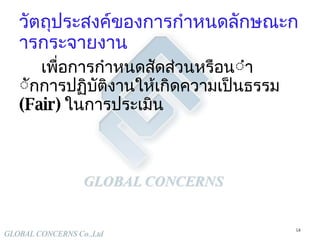 วัตถุประสงค์ของการกำหนดลักษณะการกระจายงาน เพื่อการกำหนดสัดส่วนหรือน้ำหนักการปฏิบัติงานให้เกิดความเป็นธรรม  (Fair)  ในการประเมิน 