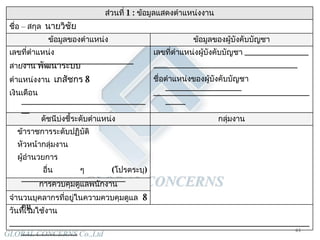_________________________________________________________________________________________ วันที่เริ่มใช้งาน จำนวนบุคลากรที่อยู่ในความควบคุมดูแล  8   คน การควบคุมดูแลพนักงาน    อื่น ๆ  ( โปรดระบุ )  __________________________    ผู้อำนวยการ    หัวหน้ากลุ่มงาน    ข้าราชการระดับปฏิบัติ กลุ่มงาน ดัชนีบ่งชี้ระดับตำแหน่ง ____________________________________________ เงินเดือน  _________________________________ ชื่อตำแหน่งของผู้บังคับบัญชา  ___________________ ตำแหน่งงาน  เภสัชกร  8 ____________________________________ สายงาน   พัฒนาระบบ เลขที่ตำแหน่งผู้บังคับบัญชา  ________________ เลขที่ตำแหน่ง  ____________________________ ข้อมูลของผู้บังคับบัญชา ข้อมูลของตำแหน่ง ชื่อ  –  สกุล  นายวิชัย ส่วนที่  1  :  ข้อมูลแสดงตำแหน่งงาน 