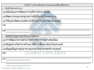2.5) _______________________________________________________________________________________________________________ 2.4) _______________________________________________________________________________________________________________ 2.3) ข้อมูลปัญหาคุณภาพ ของกรมวิทยาศาสตร์การแพทย์ 2.2) ข้อมูลทางวิชาการด้านยาที่มีการขึ้นทะเบียนในประเทศ 2.1) การพัฒนาความสามารถทางวิชาการอย่างต่อเนื่อง ปัจจัยที่นำไปสู่ความสำเร็จในการปฏิบัติงาน 1.5) _______________________________________________________________________________________________________________ 1.4) _______________________________________________________________________________________________________________ 1.3) วิจัยและพัฒนาองค์ความรู้ด้านการบริการสาธารณสุข 1.2) พัฒนาระบบมาตรฐานการปฏิบัติงานโรงพยาบาล 1.1) สนับสนุนการพัฒนาการบริการสาธารณสุข พันธกิจของหน่วยงาน  ส่วนที่  2  :  บรรยายลักษณะงานและแผนผลสัมฤทธิ์ของงาน 