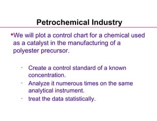 Petrochemical Industry
We will plot a control chart for a chemical used
 as a catalyst in the manufacturing of a
 polyester precursor.

   •   Create a control standard of a known
       concentration.
   •   Analyze it numerous times on the same
       analytical instrument.
   •   treat the data statistically.
 