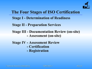© Robere & Associates (Thailand) Ltd.© Robere & Associates (Thailand) Ltd. TQM-E-REV.1TQM-E-REV.1 SlideSlide 1010
The Four Stages of ISO Certification
Stage I - Determination of Readiness
Stage II - Preparation Services
Stage III - Documentation Review (on-site)
- Assessment (on-site)
Stage IV - Assessment Review
- Certification
- Registration
 