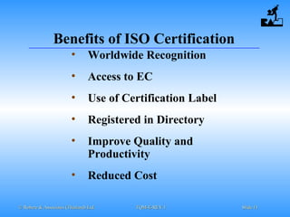 © Robere & Associates (Thailand) Ltd.© Robere & Associates (Thailand) Ltd. TQM-E-REV.1TQM-E-REV.1 SlideSlide 1111
Benefits of ISO Certification
• Worldwide Recognition
• Access to EC
• Use of Certification Label
• Registered in Directory
• Improve Quality and
Productivity
• Reduced Cost
 
