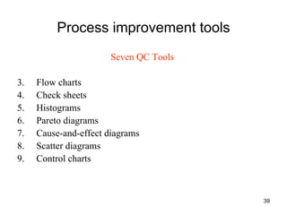 Process improvement tools Seven QC Tools   Flow charts Check sheets Histograms Pareto diagrams Cause-and-effect diagrams Scatter diagrams Control charts 