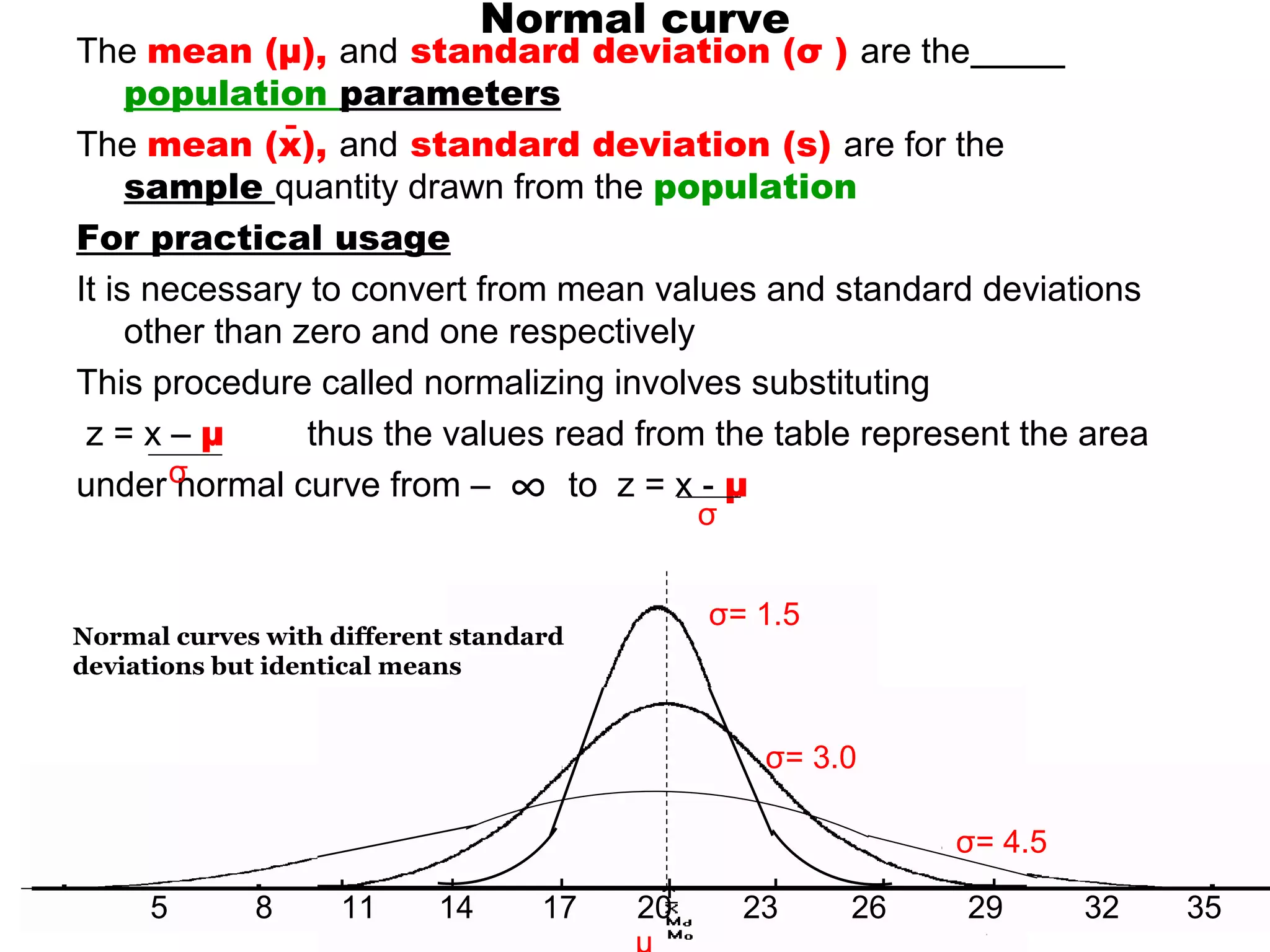 Normal curve
The mean (μ), and standard deviation (σ ) are the
     population parameters
The mean (x), and standard deviation (s) are for the               
     sample quantity drawn from the population
For practical usage
It is necessary to convert from mean values and standard deviations 
     other than zero and one respectively
This procedure called normalizing involves substituting 
 z = x – μ       thus the values read from the table represent the area 
        σ
                                 ∞
under normal curve from –        to  z = x - μ
                                             σ


                                             σ= 1.5 
Normal curves with different standard
deviations but identical means


                                                  σ= 3.0

                                                            σ= 4.5 

     5       8      11     14      17   20       23    26   29        32   35
 