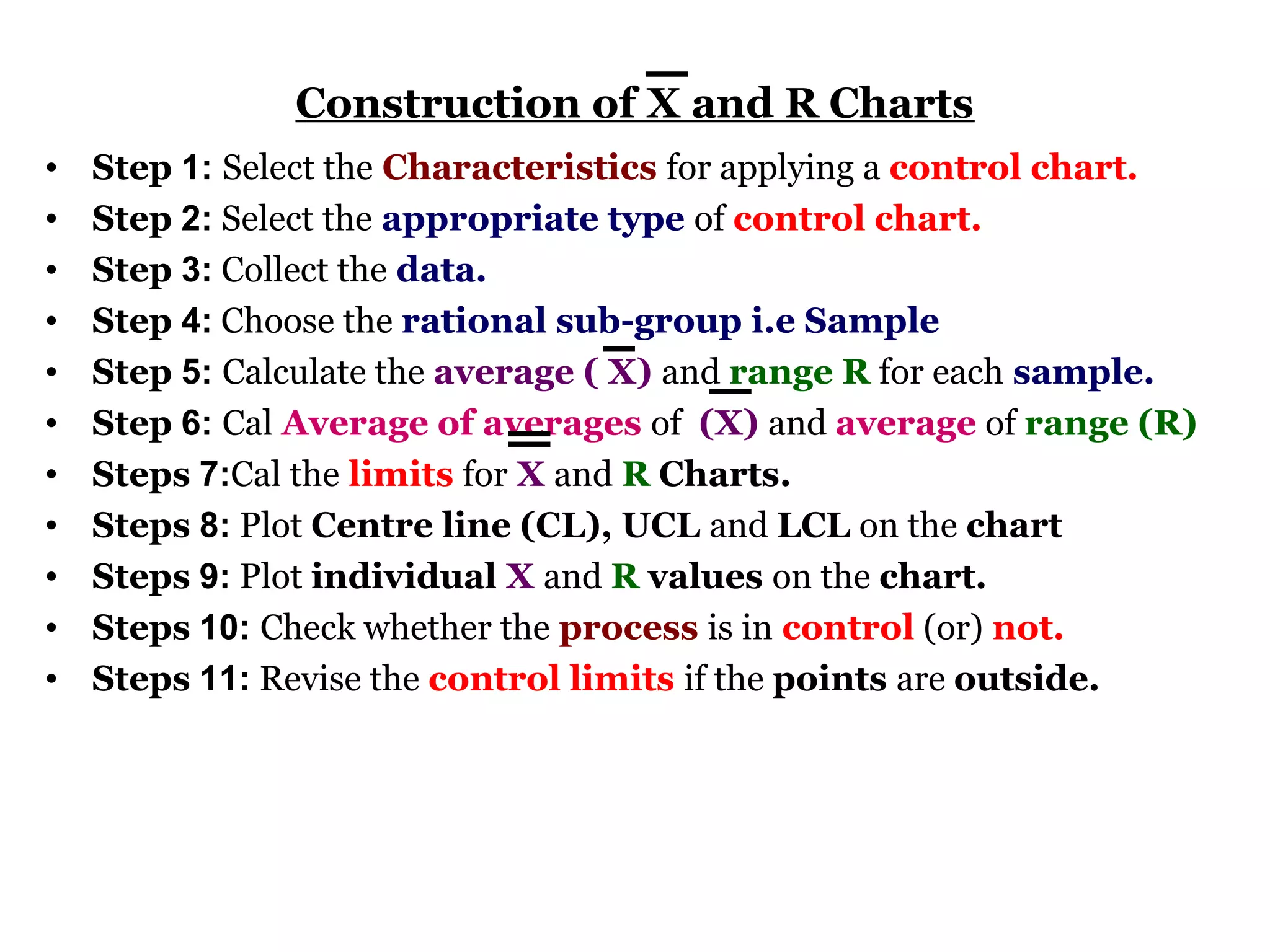 Construction of X and R Charts
•   Step 1: Select the Characteristics for applying a control chart.
•   Step 2: Select the appropriate type of control chart.
•   Step 3: Collect the data.
•   Step 4: Choose the rational sub-group i.e Sample
•   Step 5: Calculate the average ( X) and range R for each sample.
•   Step 6: Cal Average of averages of (X) and average of range (R)
•   Steps 7:Cal the limits for X and R Charts.
•   Steps 8: Plot Centre line (CL), UCL and LCL on the chart
•   Steps 9: Plot individual X and R values on the chart.
•   Steps 10: Check whether the process is in control (or) not.
•   Steps 11: Revise the control limits if the points are outside.
 