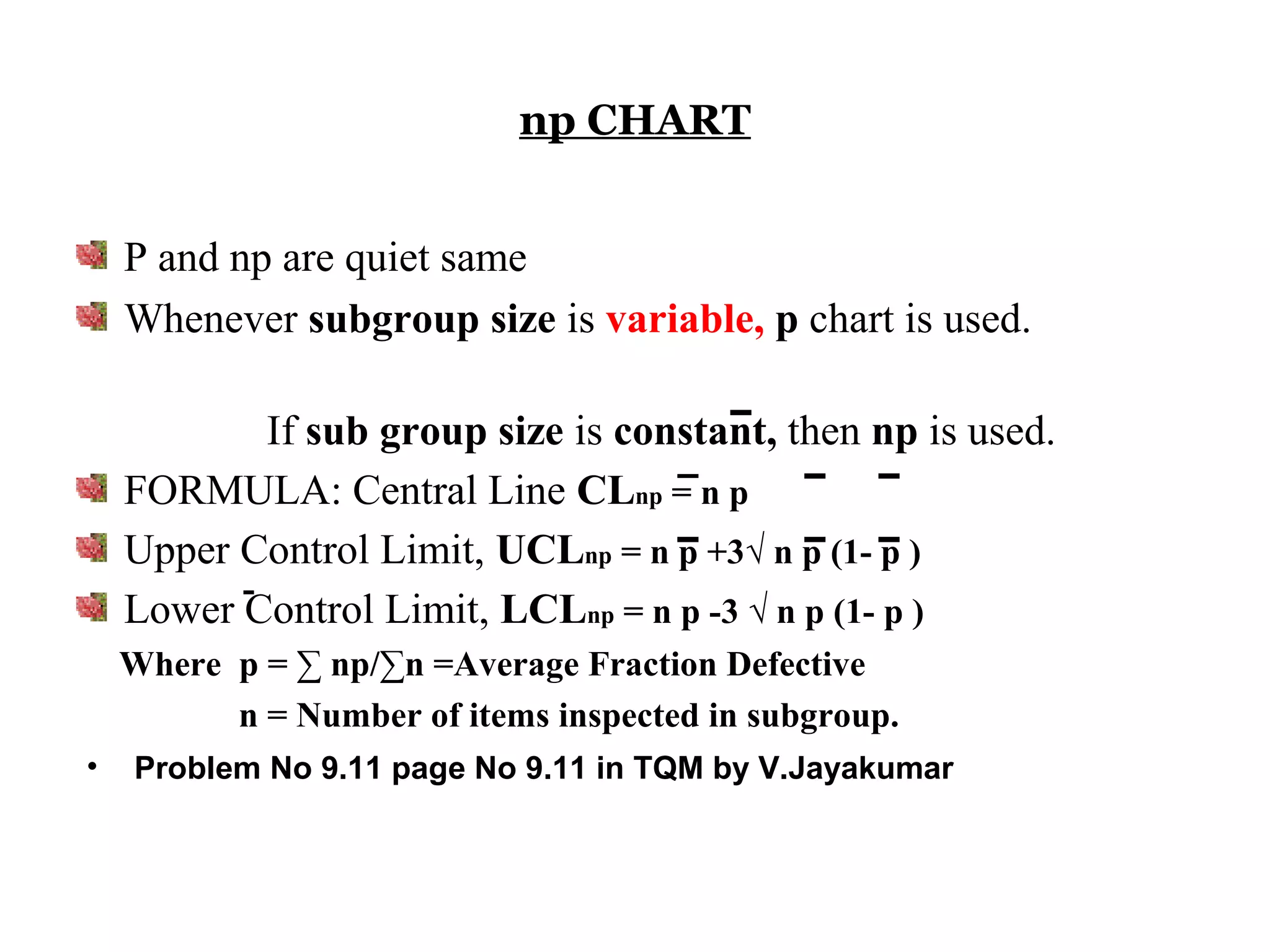 np CHART


    P and np are quiet same
    Whenever subgroup size is variable, p chart is used.

           If sub group size is constant, then np is used.
    FORMULA: Central Line CLnp = n p
    Upper Control Limit, UCLnp = n p +3√ n p (1- p )
    Lower Control Limit, LCLnp = n p -3 √ n p (1- p )
    Where p = ∑ np/∑n =Average Fraction Defective
          n = Number of items inspected in subgroup.
•   Problem No 9.11 page No 9.11 in TQM by V.Jayakumar
 