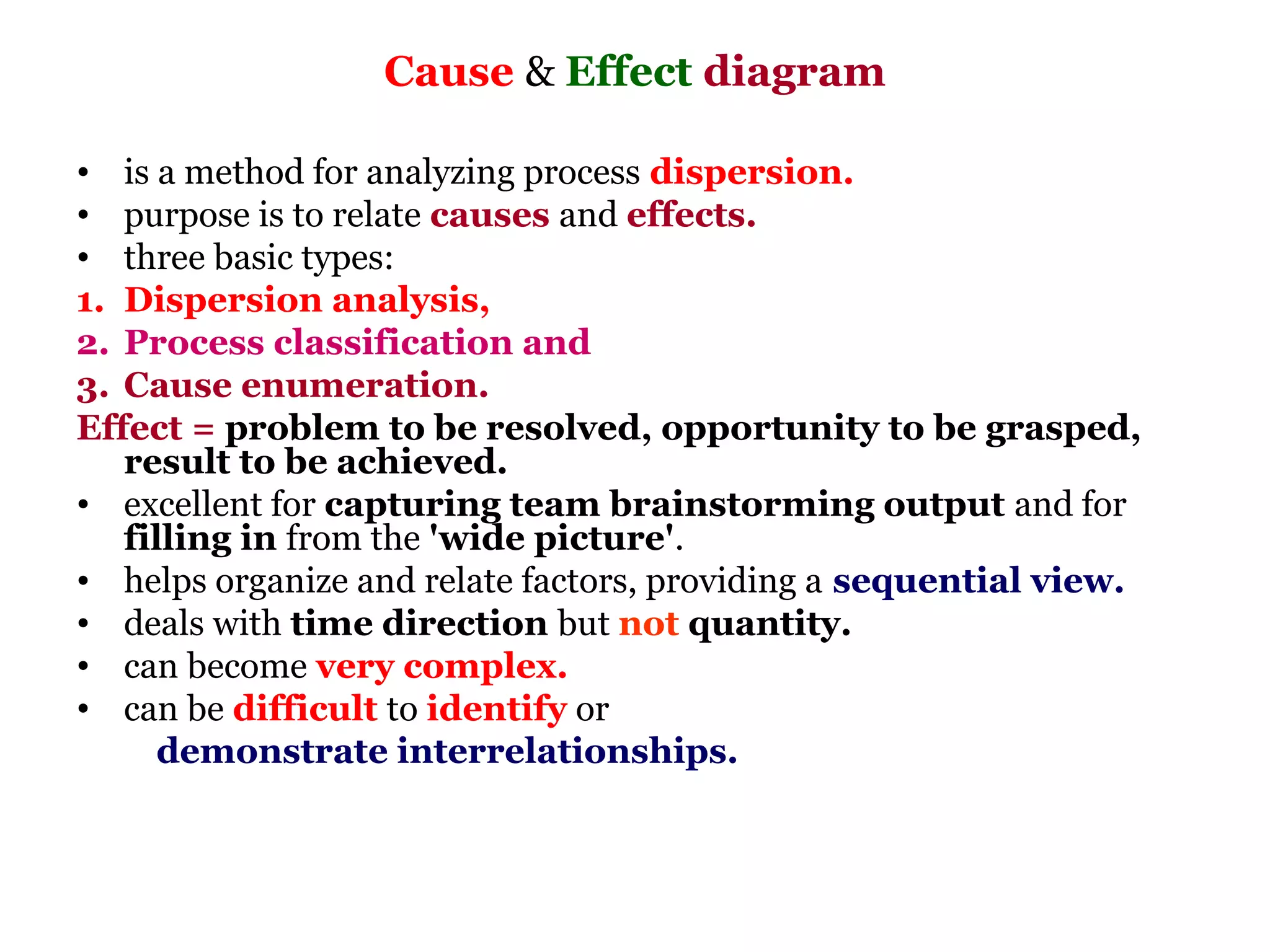 Cause & Effect diagram

• is a method for analyzing process dispersion.
• purpose is to relate causes and effects.
• three basic types:
1. Dispersion analysis,
2. Process classification and
3. Cause enumeration.
Effect = problem to be resolved, opportunity to be grasped,
   result to be achieved.
• excellent for capturing team brainstorming output and for
   filling in from the 'wide picture'.
• helps organize and relate factors, providing a sequential view.
• deals with time direction but not quantity.
• can become very complex.
• can be difficult to identify or
      demonstrate interrelationships.
 