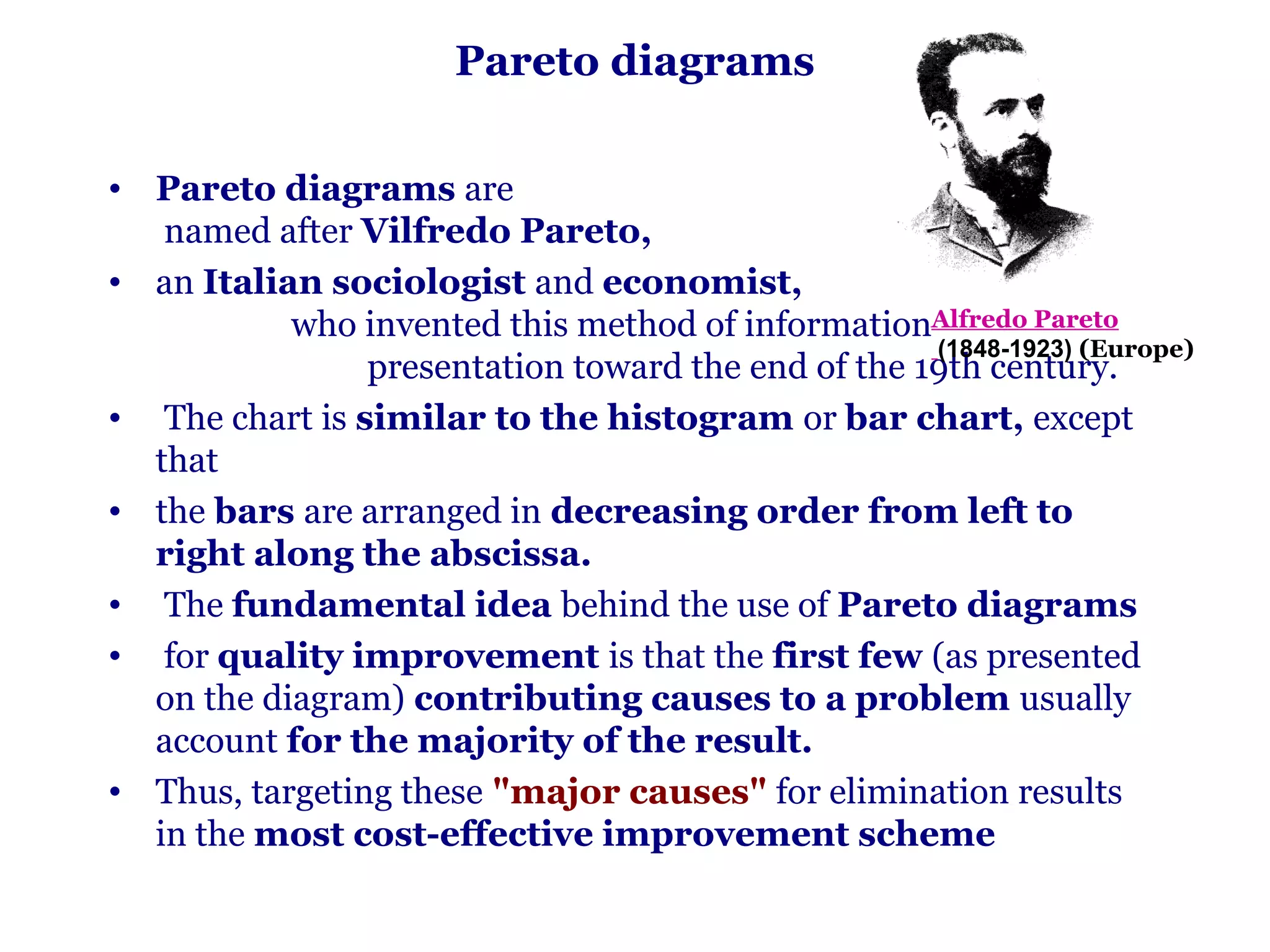 Pareto diagrams

• Pareto diagrams are
   named after Vilfredo Pareto,
• an Italian sociologist and economist,
           who invented this method of informationAlfredo Pareto
                                                    (1848-1923) (Europe)
                presentation toward the end of the 19th century.
• The chart is similar to the histogram or bar chart, except
  that
• the bars are arranged in decreasing order from left to
  right along the abscissa.
• The fundamental idea behind the use of Pareto diagrams
• for quality improvement is that the first few (as presented
  on the diagram) contributing causes to a problem usually
  account for the majority of the result.
• Thus, targeting these "major causes" for elimination results
  in the most cost-effective improvement scheme
 
